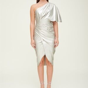 DO+BE Rocco One Shoulder Vegan Leather Drape Dress - Silver